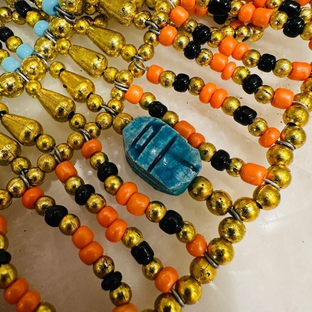 Egyptian Beaded Necklace Collar With Blue Scarabs, Cleopatra - Picture 6 of 6